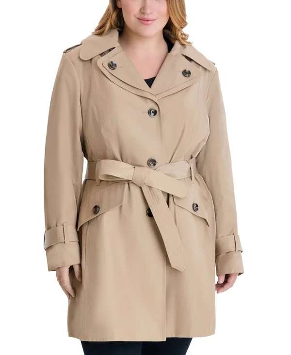 London Fog Plus Size Hooded Belted Water-Resistant Trench Coat - Created for Macy&s - British Khaki