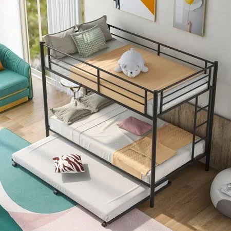 Nokiwiqis Bunk Bed with Trundle, Double Layers Bedstead with Sliding Shelf, Size: One size, Black