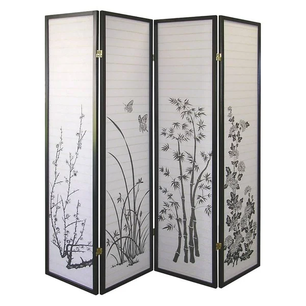 Ore International Floral 4-Panel Screen Room Divider, Black