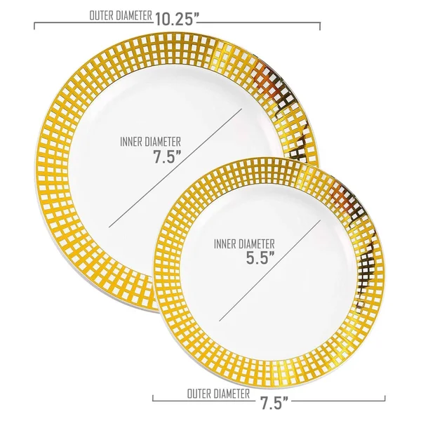 Gold Checkered Rim Disposable Plastic Plate Packs - Party Supplies (White with Gold Rim - 120pcs - Dinner Plates)