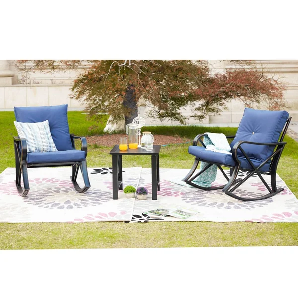 Patio Festival 3-Piece Outdoor Rocker Conversation Set w/ Cushions - Blue