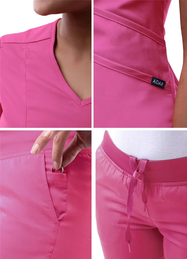 Adar Pro Core Classic Scrub Set for Women - Tailored V-Neck Scrub Top & Tailored Yoga Scrub Pants - P9100 - Fruit Punch - M