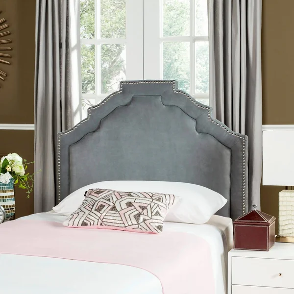 Safavieh Alexia Grey Headboard - Silver Nail Head - Queen