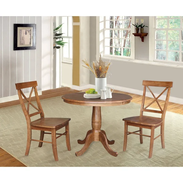 International Concepts 36x22 Solid Wood Round Extension Dining Table with 2 Chairs in Oak