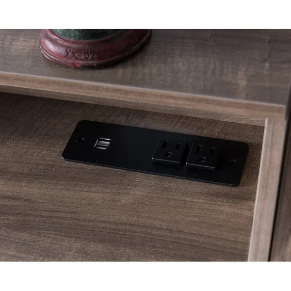 Multifunctional Wooden Desk with Electric Outlet and Trestle Base Brown