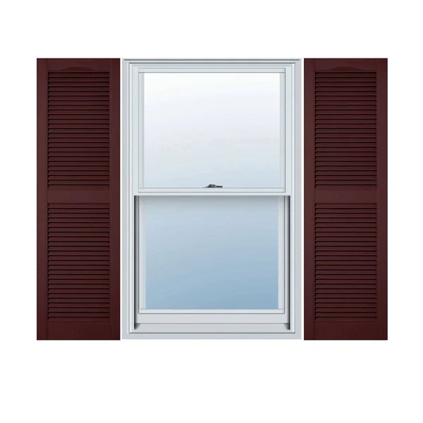 12 inchw x 54 inchh Lifetime Vinyl, Custom Straight Top Center Mullion, Open Louver Shutters, Bordeaux
