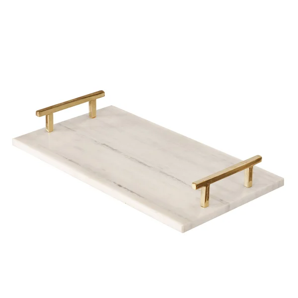 Worlds Away White Marble Lincoln Tray, Brass