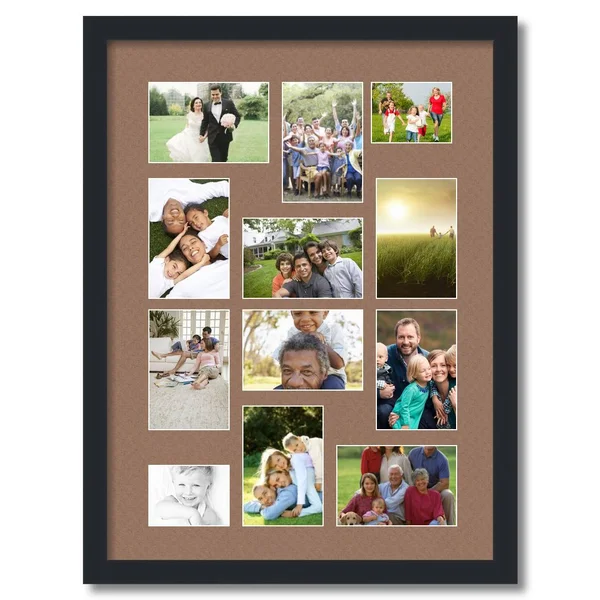 Collage Picture Frame - Satin Black Frame with 12 openings for 4x6 Photos with Brown Sandpiper Mat. D3926DJ465, ArtToFrames
