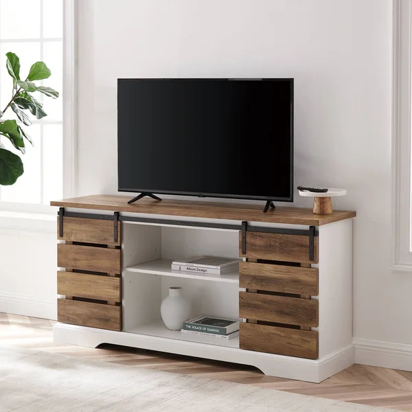 Farmhouse Sliding Slat Door Console TV Stand for TVs Up to 65x22 Brown - Saracina Home
