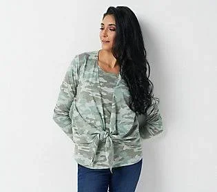Belle by Kim Gravel Printed Slub Knit Shrug and Tank Set, Size XX-Small, Green Camo