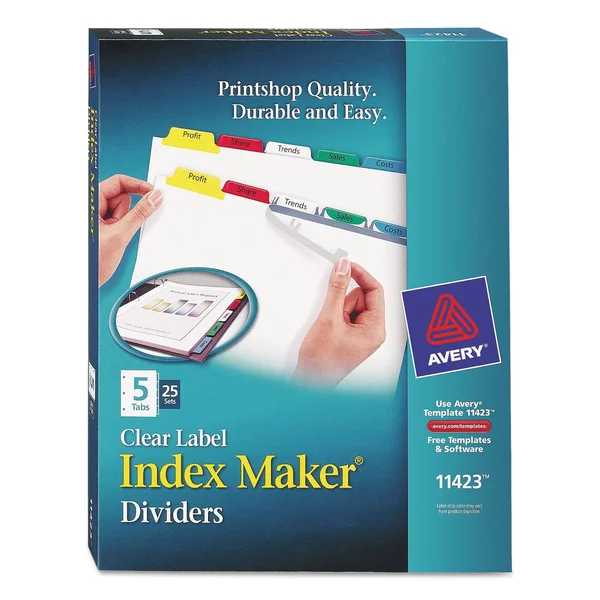 Avery Print & Apply Clear Label Dividers, Index Maker Easy Apply Printable Label Strip, 5 Multicolor Tabs, 25 Sets (11423)