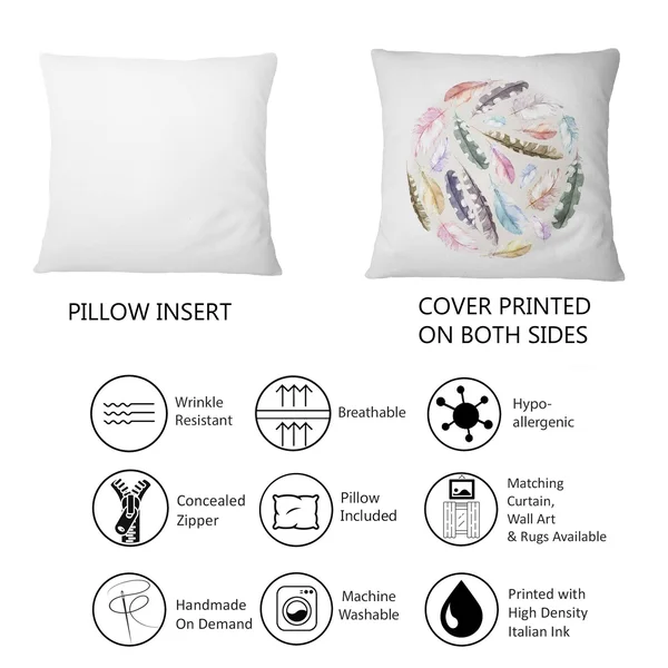 Designart 'Vintage Bird Feathers in Circle' Traditional Printed Throw Pillow - 12 x 20