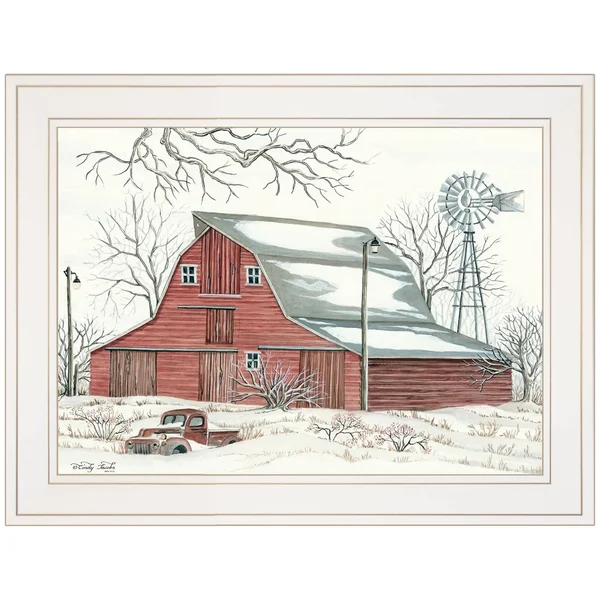 TrendyDecor4U Winter Barn with Pickup Truck by Cindy Jacobs - Ready to Hang Framed Print, White Frame