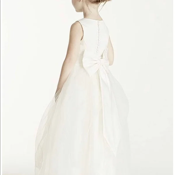 Satin Flower Girl, Communion Dress with Tulle Skirt - White, 4