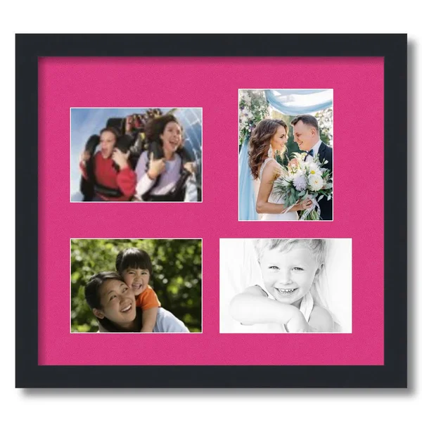 Collage Picture Frame - Satin Black Frame with 4 openings for 5x7 Photos with Pink Tulip Mat. D3926CR1117, ArtToFrames