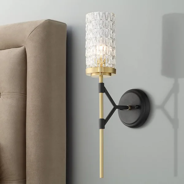 Possini Euro Design Darin Modern Wall Light Sconce Black Brass Hardwired 19x22 High Fixture Faceted Cylindrical Glass for Bedroo