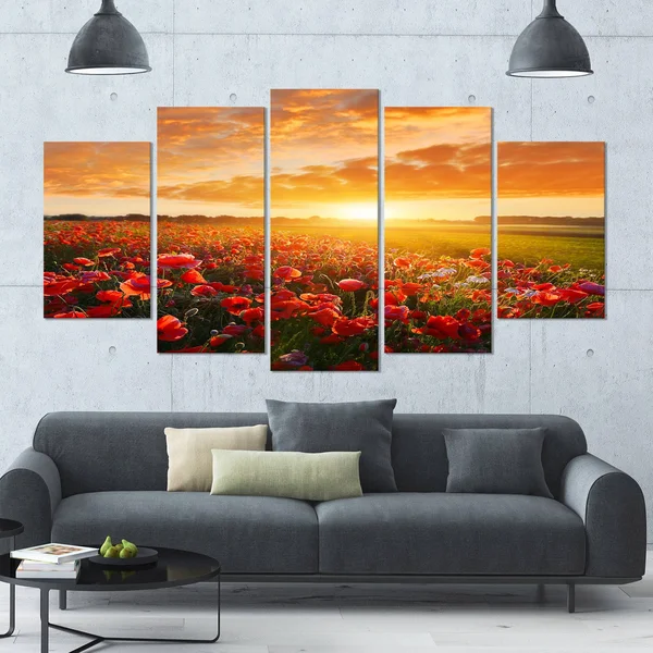Designart &Beautiful Poppy Field at Sunset& Multipanel Canvas Art Print - 60x32 5 Panels
