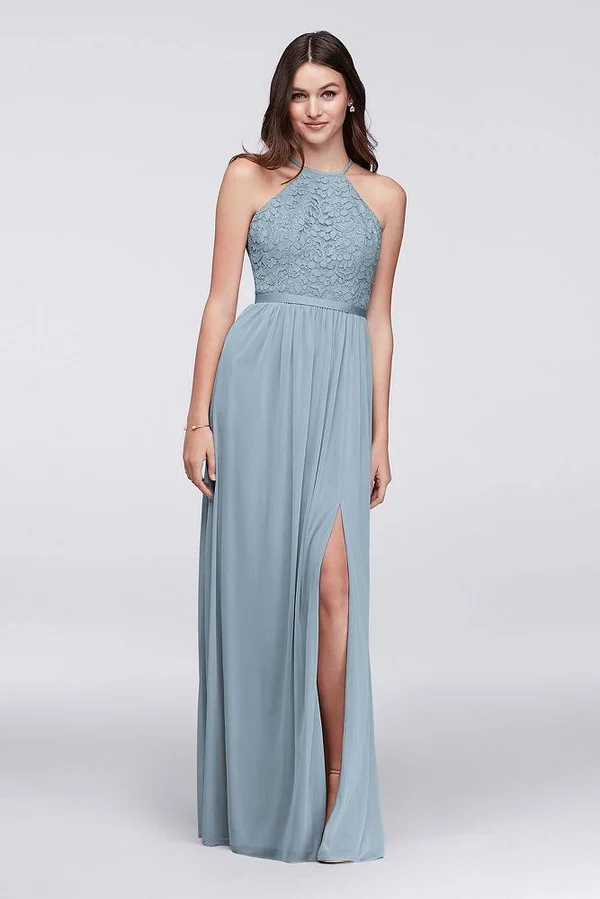 Open-Back Lace and Mesh Bridesmaid Dress - Grey (Gray) - 26