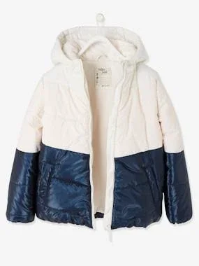Hooded Colourblock Jacket, Polar Fleece lining, for Girls Blue