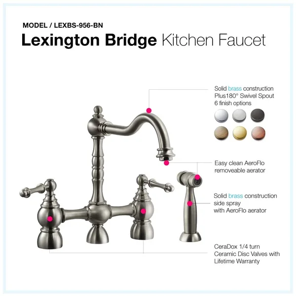 Houzer Lexington Traditional Bridge Kitchen Faucet with Sidespray and CeraDox Technology - Brushed Nickel (lexbs-956-bn)