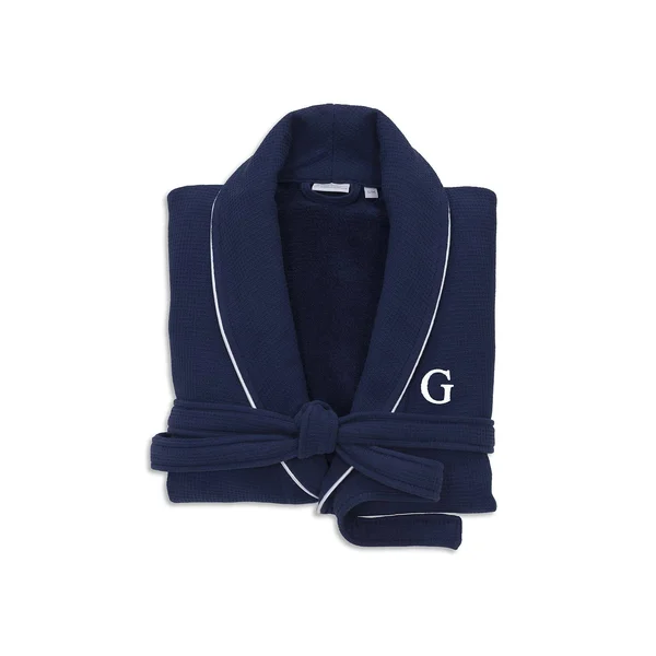 Linum Home Textiles Hotel Turkish Cotton Waffle Terry Bathrobe with Satin Piped Trim - Personalized - Navy, Blue