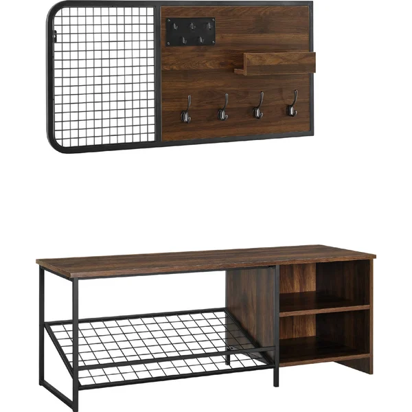 Walker Edison Modern Entry Bench with Shoe Storage and Wall Organizer Set - Dark Walnut