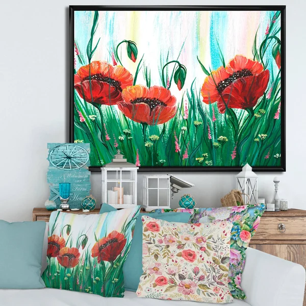 Designart 'Red Bright Poppy Flowers on A Green Meadow' Traditional Framed Canvas Wall Art Print - 40 in. Wide x 30 in. High - Go