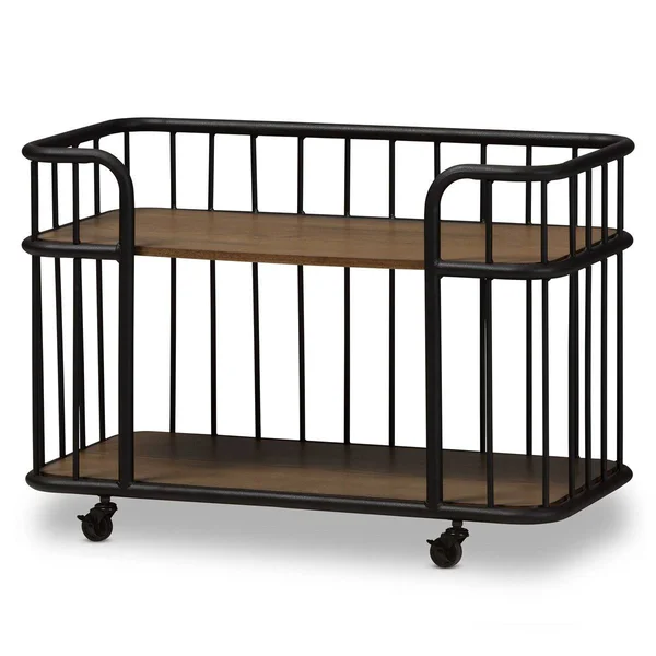 Baxton Studio Porter Rustic Industrial Style Antique Black Textured Finished Metal Distressed Ash Wood Mobile Serving Bar Cart