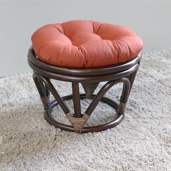 International Caravan 46cm Bali Rattan Papasan Footstool with Cushion - Solid Twill Fabric, Eggshell - Eggshell