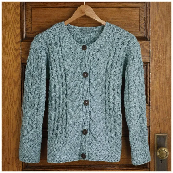 Aran Woollen Mills Women's Button Down Sweater - Aileen Aran Cardigan - Blue