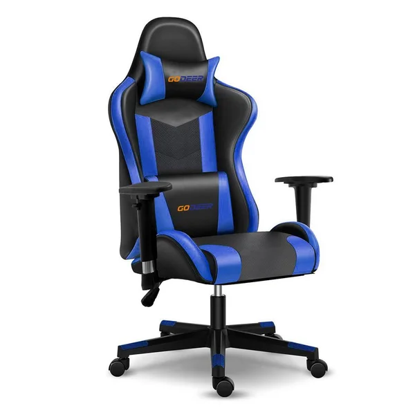 GODEER Blue Faux Leather Swivel Gaming Chair Recliner High Back Computer Chair Office Chair with Adjustable Arms, Blue#-No-Footr