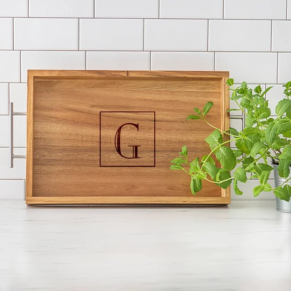 Cathy&s Concepts Personalized Acacia Tray with Metal Handles - Q
