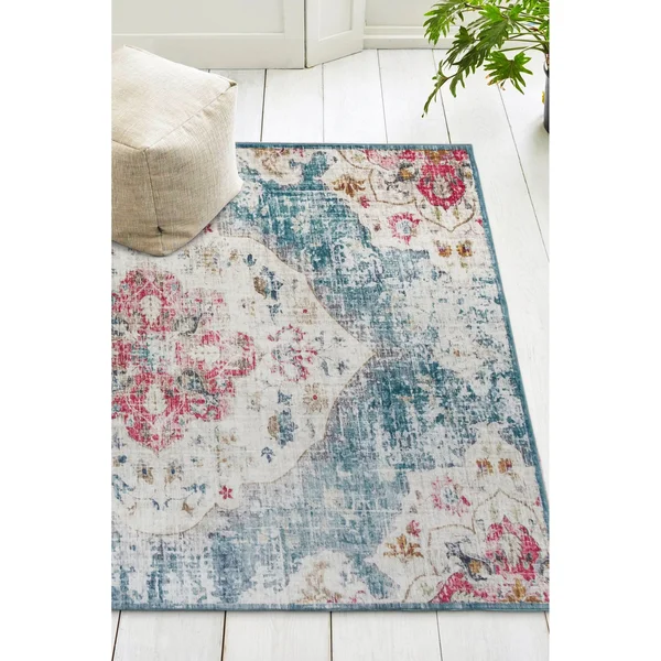 Machine Washable - Vintage Distressed Bohemian - Light Blue - 4& x 6& - 4& x 6& (Blue - Pink, Ivory)