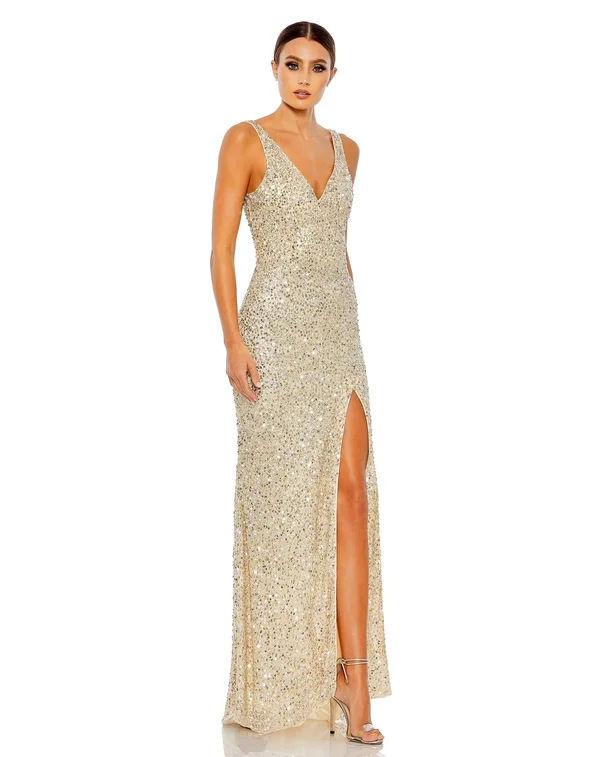 Mac Duggal Sequined High Slit Evening Gown Shimmering Gold - 8