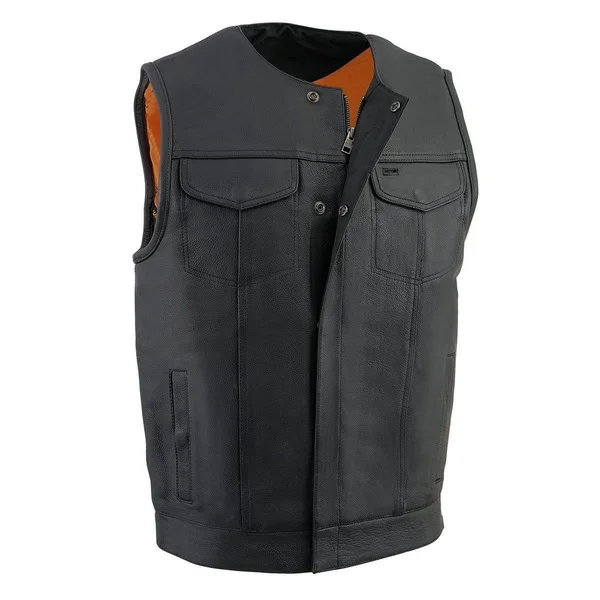Milwaukee Leather Mlm3511 Men's Black Collarless Snap and Zipper Club Leather Vest - Black - Large