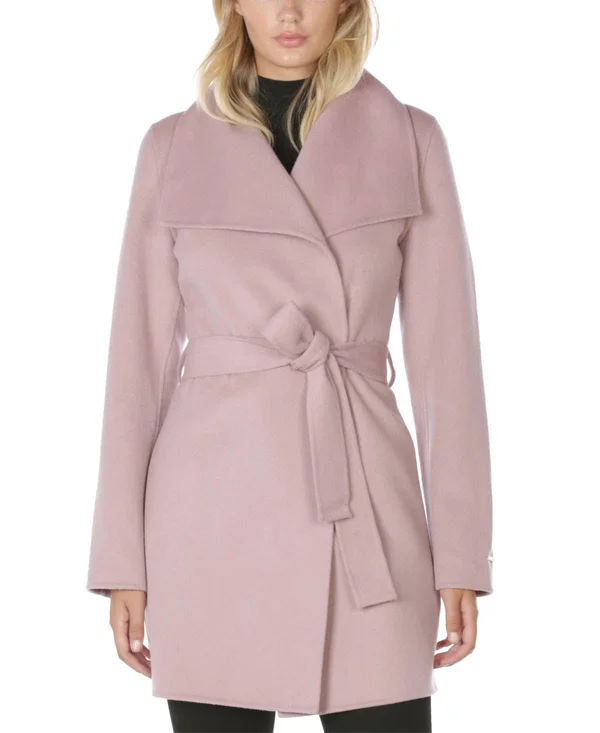 Tahari Ella Double Face Belted Wrap Coat - Powder Pink
