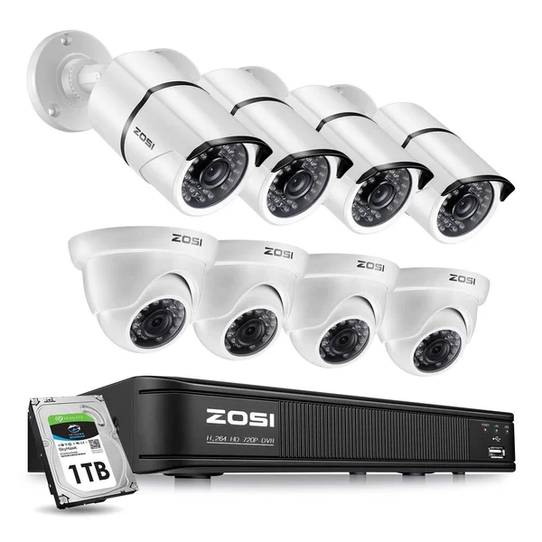 ZOSI 720p HD-TVI 8 Channel Security Camera System - 1080N Surveillance DVR Reorder with Hard Drive 1TB and (8) HD 1280tvl Outdoor