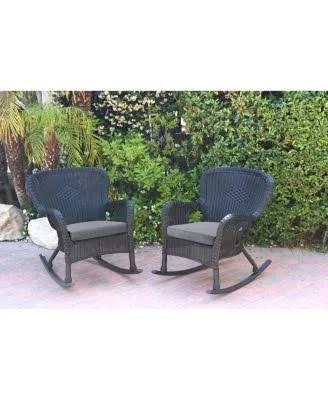 Jeco W00215-R_2-FS033 Set of 2 Windsor Espresso Resin Wicker Rocker Chair with Steel Blue Cushions