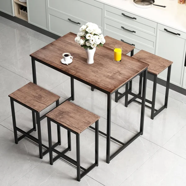 5 Piece Dining Set for 4 Rustic Kitchen Counter Height Pub Table Set with 4 Stools - Brown