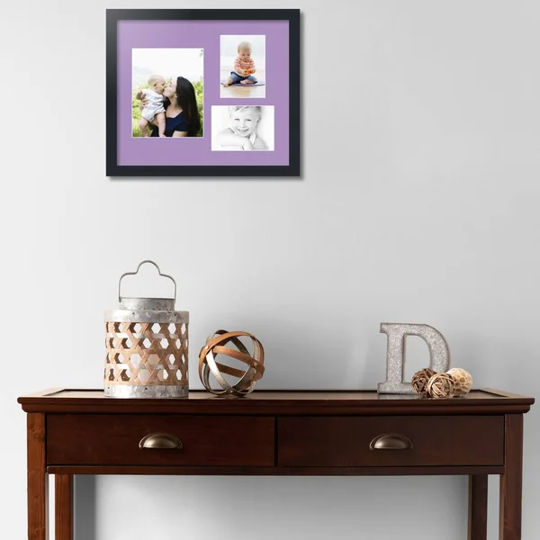 Collage Picture Frame - Satin Black Frame with 3 openings for 8x10 Photos with Pink Lavender Mist Mat. D3926FU225, ArtToFrames
