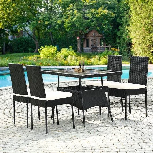 5 Pcs Outdaoor Patio Rattan Dining Set with Glass Top with Cushions