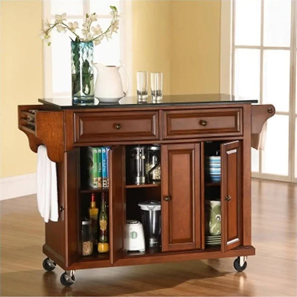 Bowery Hill Solid Black Granite Top Kitchen Cart in Classic Cherry