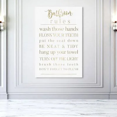 Bath and Laundry Bathroom Rules Gold Signs - Textual Art Print on Canvas Everly Quinn Format: Wrapped Canvas, Size: 24x22 H x 16