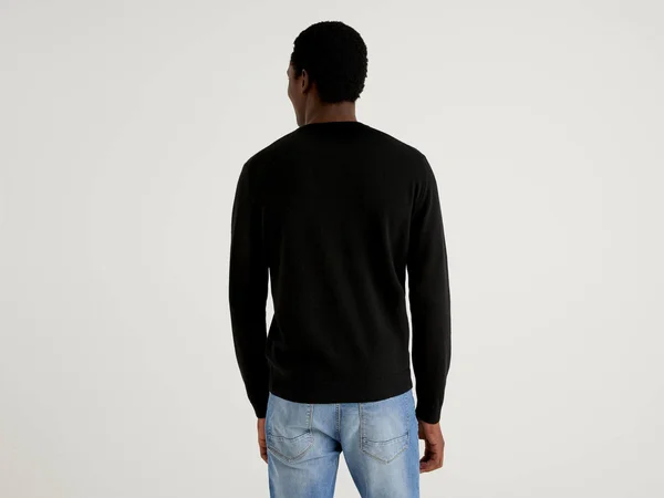 Benetton, Black Crew Neck Sweater in Pure Virgin Wool, Size L, Black, Men