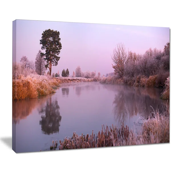 Design Art Misty Autumn Sunrise Over River - Landscape Print Wall Artwork - Yellow, 60 in. Wide x 28 in. High
