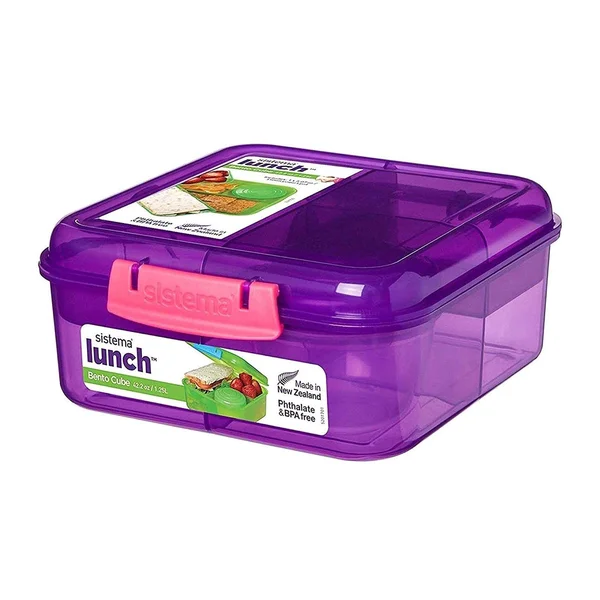 Sistema Lunch Collection Bento Cube, Solid Assorted Colors with Contrasting Klips, 7.28 x 6.61 x 3.03