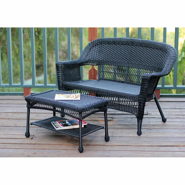 Jeco W00207-LCS007 Black Wicker Patio Love Seat and Coffee Table Set with Brown Cushion