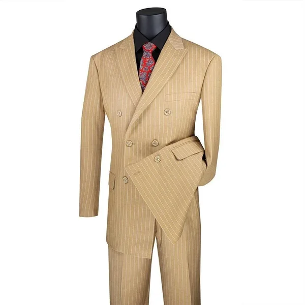 Vinci Men's Rockefeller Collection - Double Breasted Stripe Suit Camel Regular Fit 2 Piece 54 Long - 49 Waist - Camel