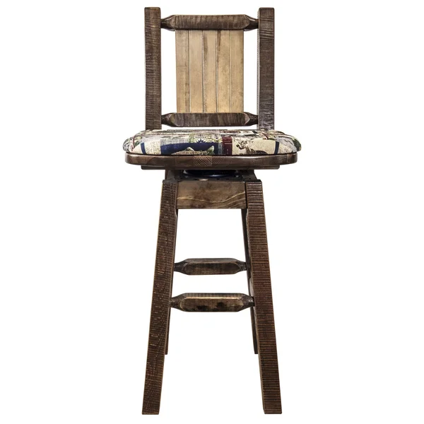Montana Woodworks MWHCBSWSNRSLWOOD24LZBEAR Homestead Counter Height Barstool with Back & Swivel Woodland Upholstery with Las
