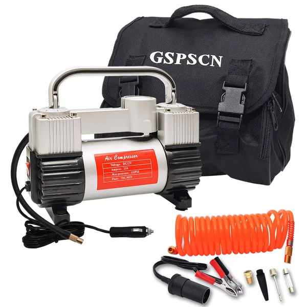 GSPSCN Silver Tire Inflator Heavy Duty Double Cylinders with Portable Bag - Metal 12V Air Compressor Pump 150PSI with Adapter for